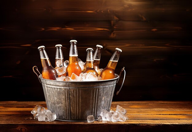 Zdjęcie fotografia z bliska butelek piwa w wiadrze z kostkami lodu