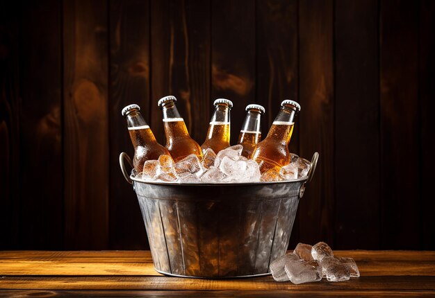 Zdjęcie fotografia z bliska butelek piwa w wiadrze z kostkami lodu