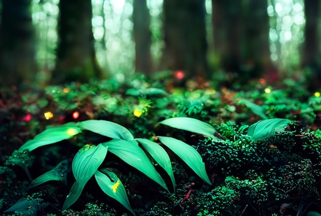 Fotografia z bliska Magiczny las z żywymi, świecącymi roślinami