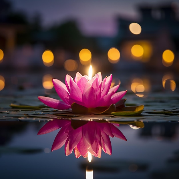 Zdjęcie fotografia z bliska pojedynczy różowy kwiat lotosu z świecą na szczycie kwiatów loy krathong