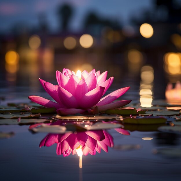 Zdjęcie fotografia z bliska pojedynczy różowy kwiat lotosu z świecą na szczycie kwiatów loy krathong