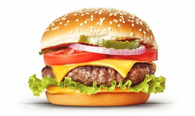 Fotografia żywności Bliska cheeseburger z pasztecikiem wołowym pikle ser pomidor cebula sałata i