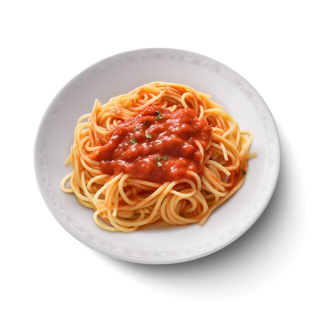 Fotografia żywności Spaghetti na talerzu odizolowywającym na białym tle