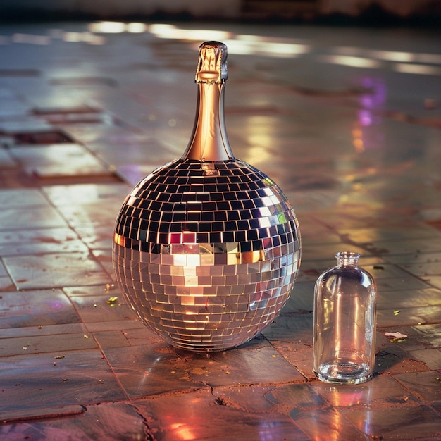 Fotograficzna piłka dyskoteczna z butelką szampana na podłodze