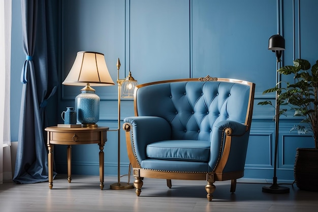 Fotograficzne krzesło w stylu klasycznym z lampą i niebieską ścianą