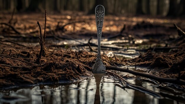 Zdjęcie fotograficznie szczegółowe portrety łyżka w błotnistej wodzie