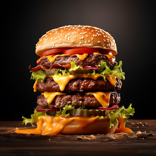 Fotograficzny hamburger z kotletem wołowinowym, dużą ilością ogórków i pomidorów na ciemnym tle
