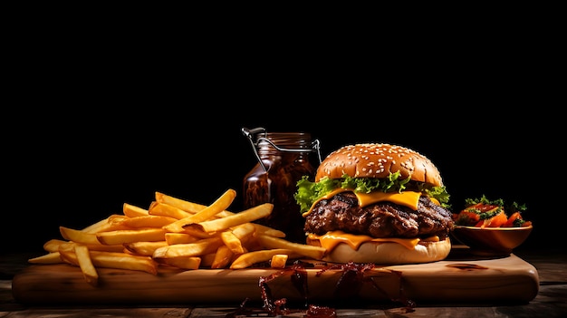 Fotograficzny hamburger z kotletem wołowinowym, dużą ilością ogórków i pomidorów na ciemnym tle
