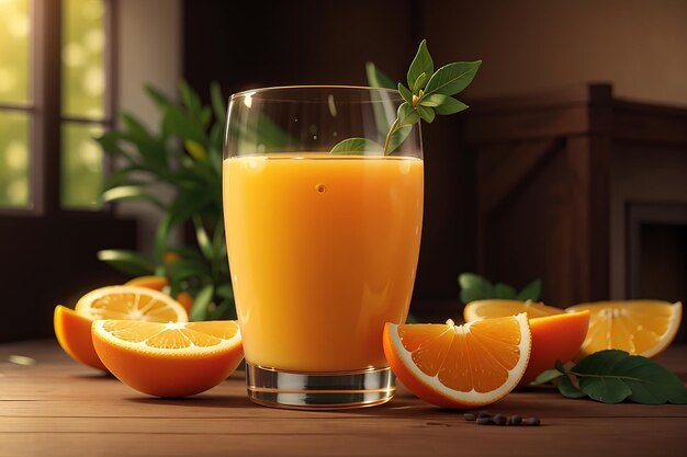 Fotograficzny kieliszek świeżego soku pomarańczowego na drewnianym stole