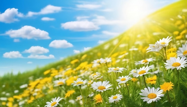 Fotograficzny letni krajobraz z kwiatami rumianku i mączka