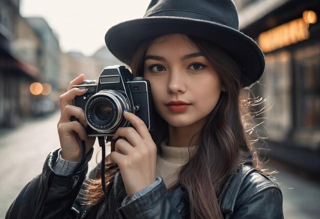 Fotografka z kamerą dslr robiąca zdjęcia na zewnątrz Dziewczyna rasy mieszanej z kamerą fotograficzną na zewnątrz Koncepcja hobby, stylu życia, podróży