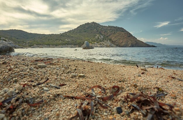 Fotografowanie z ziemi typowej środkowej śródziemnomorskiej plaży: wspaniały krajobraz z piaskiem plaży na pierwszym planie, z morzem i górami w tle.