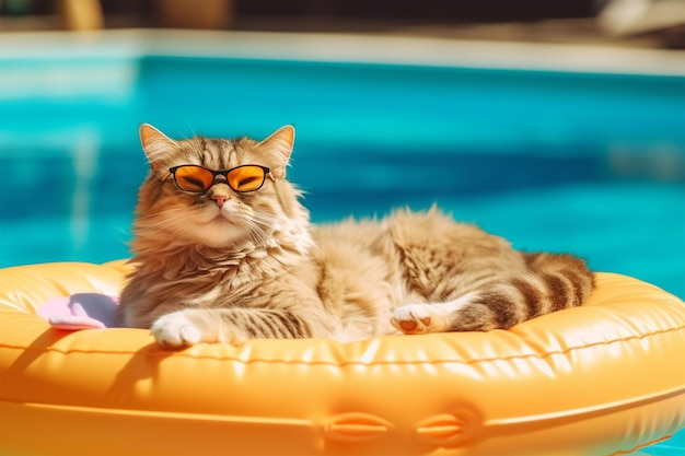 Fotografowany kot w okularach przeciwsłonecznych odpoczywa na nadmuchiwanym materacu przy basenie w dniu wypoczynku