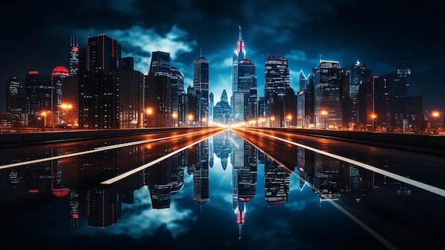 Fotografuj krajobraz miasta w nocy, skupiając się na światłach i odbiciach.