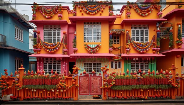 Fotografuj zewnętrzne domy ozdobione dla Gudi Padwa, uchwycając piękno architektoniczne