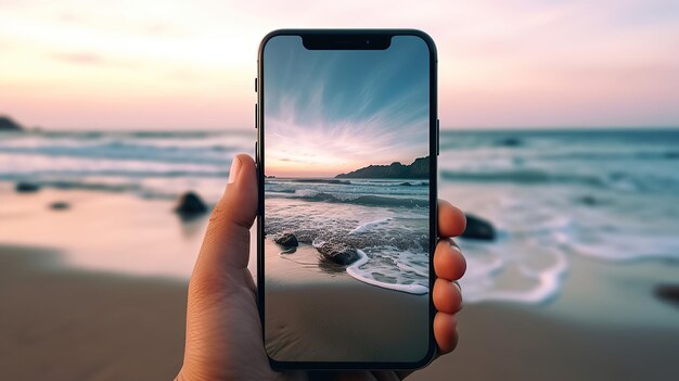 Fotografując oszałamiającą tropikalną plażę, ktoś robi zdjęcie z bliska telefonem