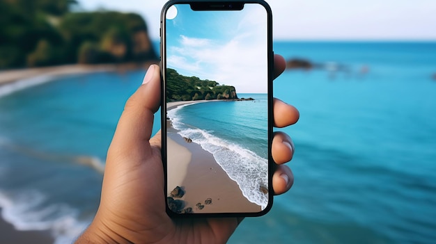 Fotografując oszałamiającą tropikalną plażę, ktoś robi zdjęcie z bliska telefonem