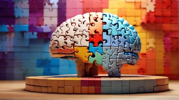 Fotopodium ludzkiego mózgu wykonane z kolorowych zagadek