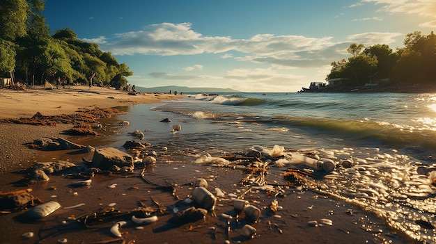 Fotorealistyczna brudna plaża po południu z tylu śmieciami wygenerowanymi przez sztuczną inteligencję