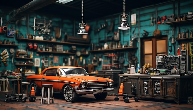 Fotorealistyczna diorama scena w warsztacie samochodowym sesja zdjęciowa