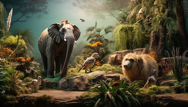 Zdjęcie fotorealistyczna diorama sesja zdjęciowa ze zwierzętami w zoo