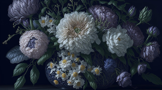 Fotorealistyczna martwa natura przedstawiająca wazon z kwiatami