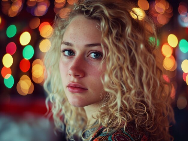 Zdjęcie fotorealistyczna nastolatka biała kobieta z rocznika ilustracja blond kręcone włosy