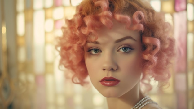 Fotorealistyczna nastolatka biała kobieta z różowymi kręconymi włosami retro ilustracja