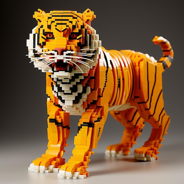 Fotorealistyczna rzeźba tygrysa Lego na czarnym tle