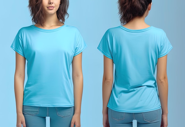 Fotorealistyczne kobiece niebieskie koszulki z widokiem z przodu iz tyłu miejsca na kopię