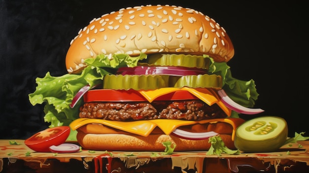 Fotorealistyczne Martwa Natura Big Fat Burger Na Talerzu