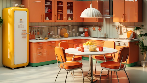 Fotorealistyczne sceny uroczej kuchni z lat 70. z czerwonymi szafkami Wygenerowano sztuczną inteligencję