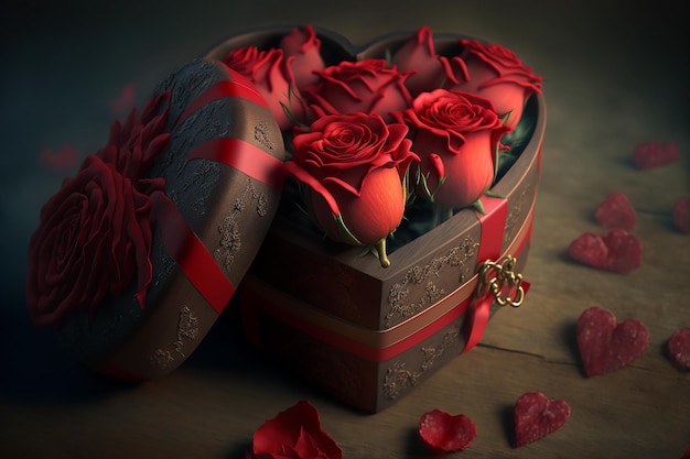 Fotorealistyczne tło Walentynki z pudełkiem prezentowym w kształcie serca i różami Generacyjna sztuczna inteligencja