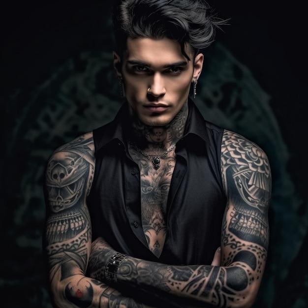 Zdjęcie fotorealistyczne zdjęcie oszałamiająco pięknego mężczyzny z tatuażami na całym ciele