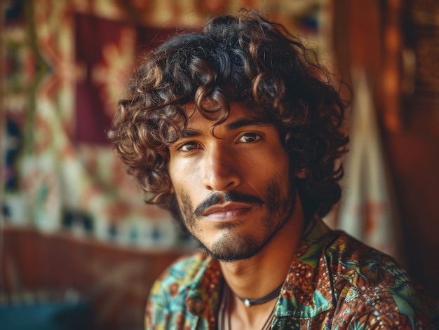 Fotorealistyczny dorosły indyjski mężczyzna z brązowymi kręconymi włosami ilustracja vintage