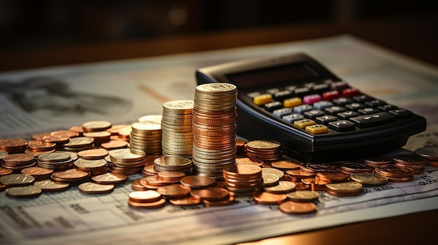 Zdjęcie fotorealistyczny kalkulator pieniędzy i papieru z wykresem graficznym na stole ai generative