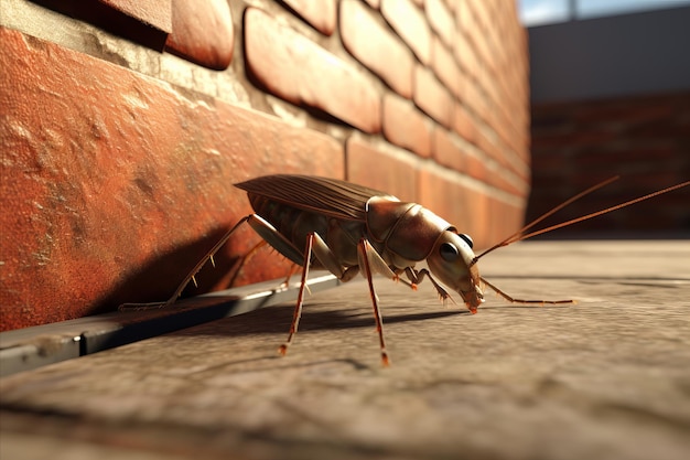 Fotorealistyczny karaluch pojawia się w cieniu miejskiej ulicy, umiejętnie wykonany w 3D.