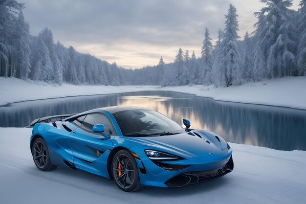 Fotorealistyczny McLaren 720S błyszczący w zimowym uścisku z płatkami śniegu