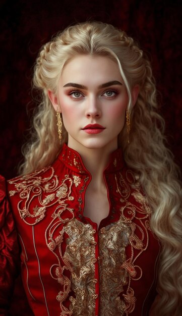 Fotorealistyczny obraz czerwonej królowej w ciasnych tradycyjnych ubraniach jest oszałamiająco wspaniały i piękny