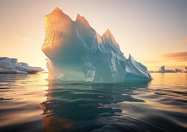Fotorealistyczny obraz majestatycznej góry lodowej pływającej w jasnoniebieskim oceanie Kąt kamery jest