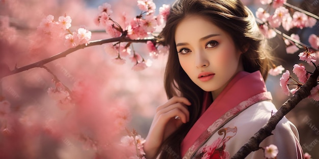 fotorealistyczny obraz pięknej japońskiej dziewczyny wśród kwiatów wiśni reklamy kosmetyków