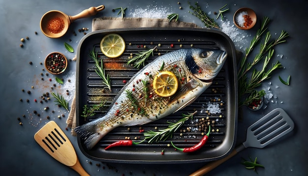 Fotorealistyczny obraz przedstawiający całą rybę grillowaną z ziołami, cytryną i przyprawami w kuchni