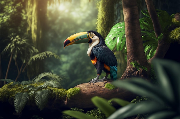 fotorealistyczny Portret kolorowy tropikalny tukan ptak, las w tle Generative ai