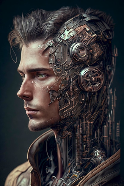 Fotorealistyczny portret wysoce inteligentnej, logicznej mechanicznej głowy, generatywnej sztucznej inteligencji