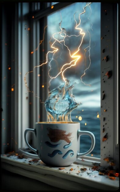 Zdjęcie fotorealistyczny rendering 3d filiżanki umieszczonej przy oknie z łagodnym deszczem padającym na zewnątrz