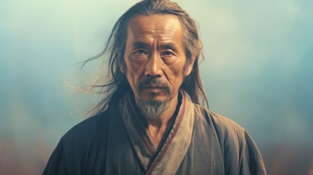 Fotorealistyczny stary Chińczyk z brązowymi prostymi włosami ilustracja retro