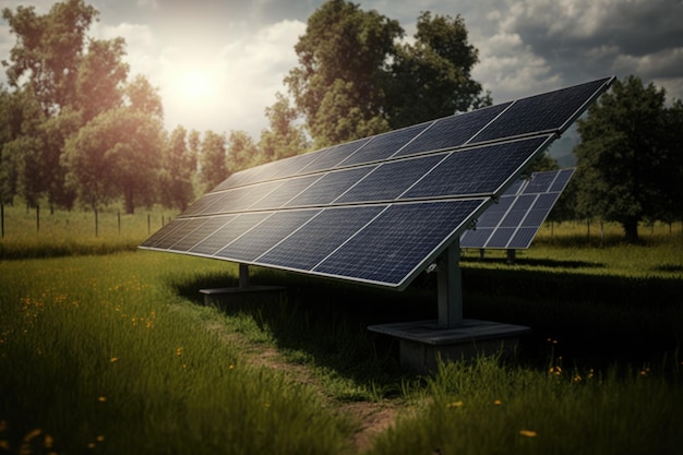 Fotowoltaiczny panel słoneczny w polu zielony czysty Alternatywna koncepcja energii elektrycznej Ai generative