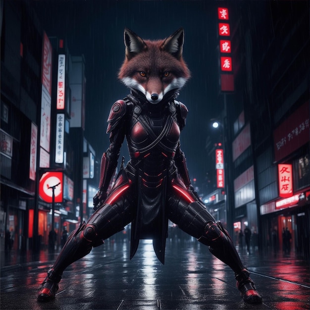 Fox cyber samuraj na japońskiej ilustracji obrazu ulicznego