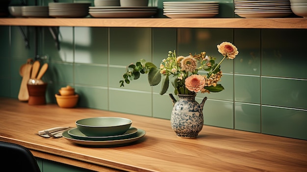 Fragment nowoczesnej, klasycznej kuchni Zielone płytki backsplash, drewniany blat i półka, kwiaty w wazonie, różne naczynia, współczesny projekt domu, renderowanie 3D