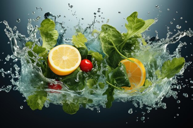 Zdjęcie fragmenty owoców i warzyw spadają do wody profesjonalna fotografia reklamowa żywności